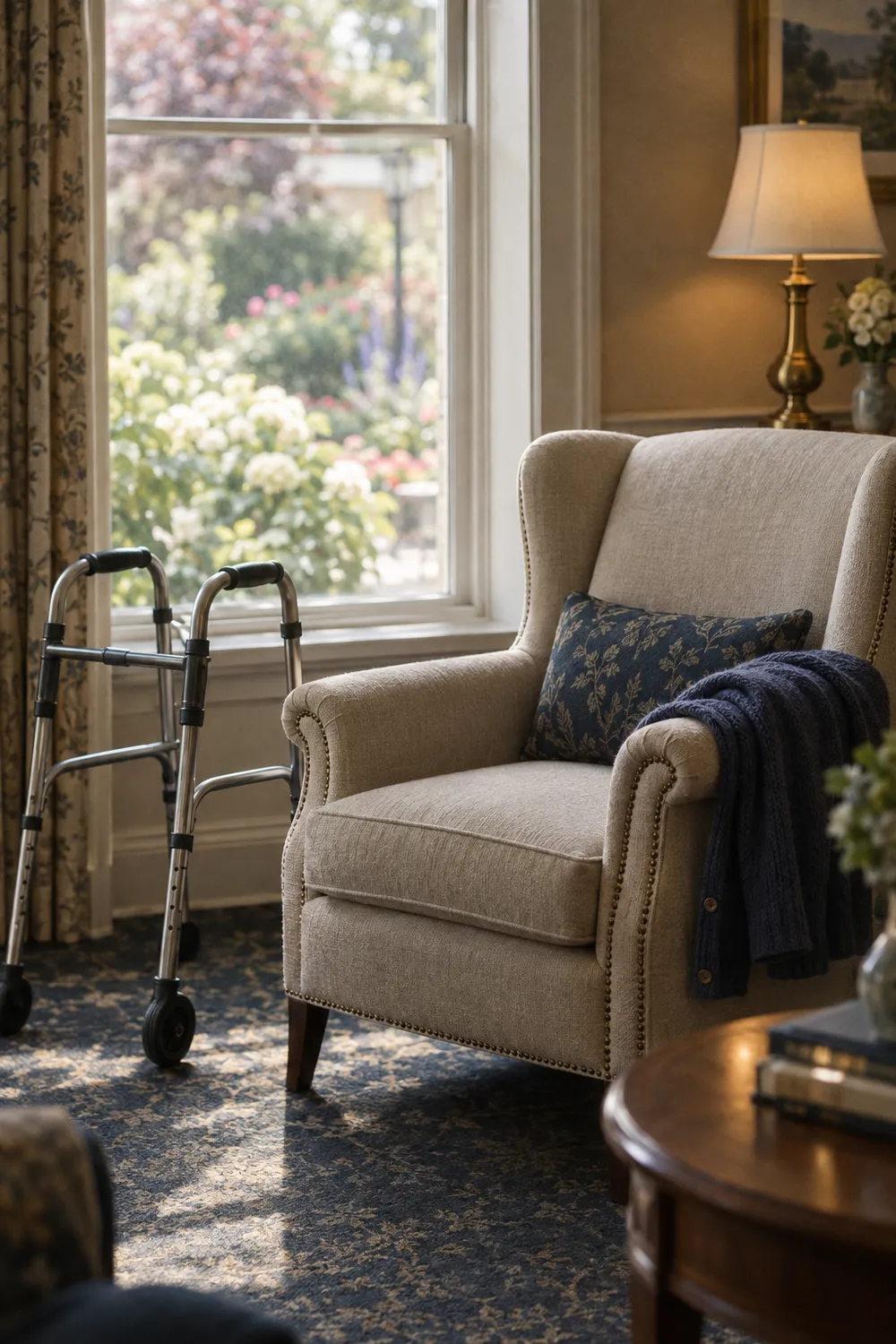 An empty armchair by a window in an assisted living sitting room, with a walker beside it