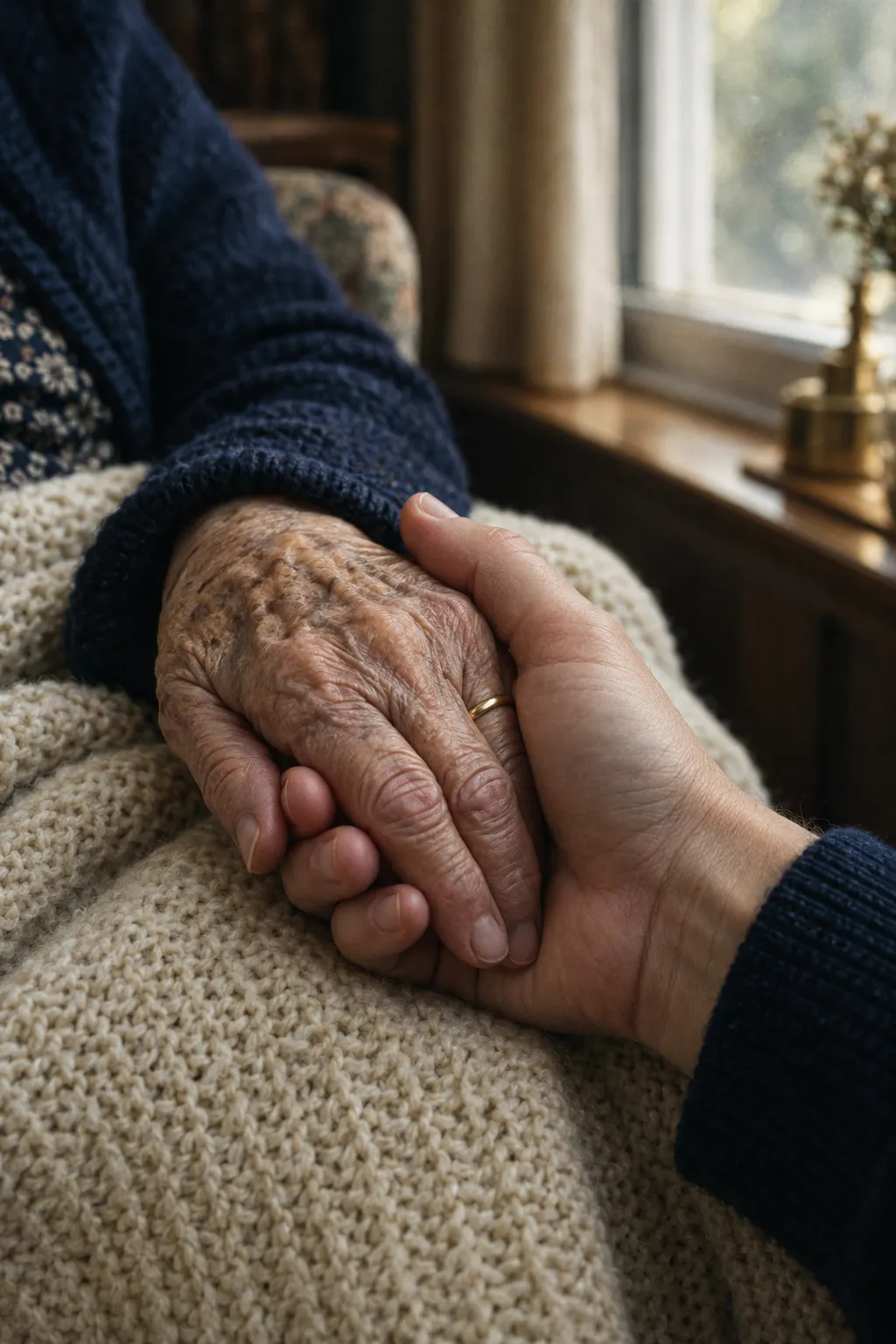 An adult child holding an elderly parent's hand beside a window