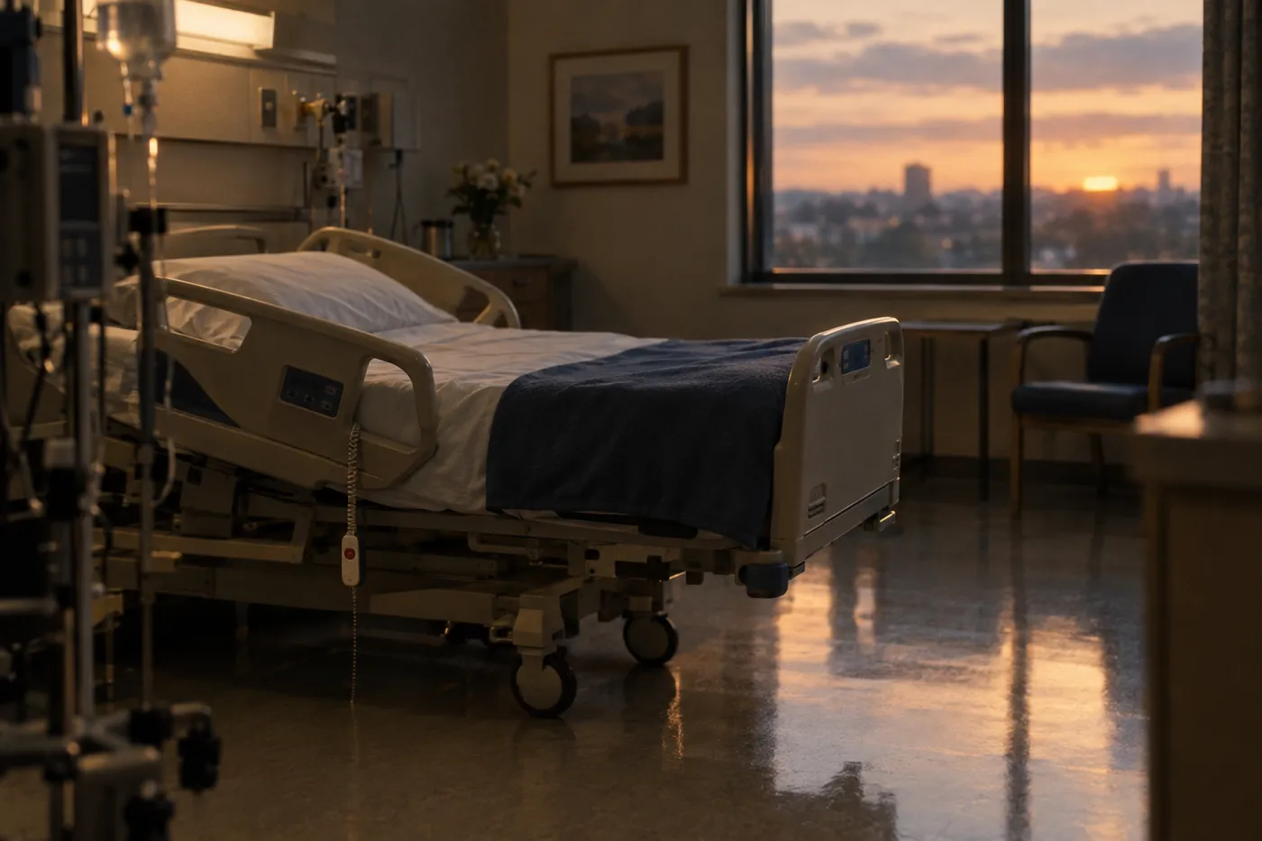 An empty hospital bed with side rails partly raised at dusk