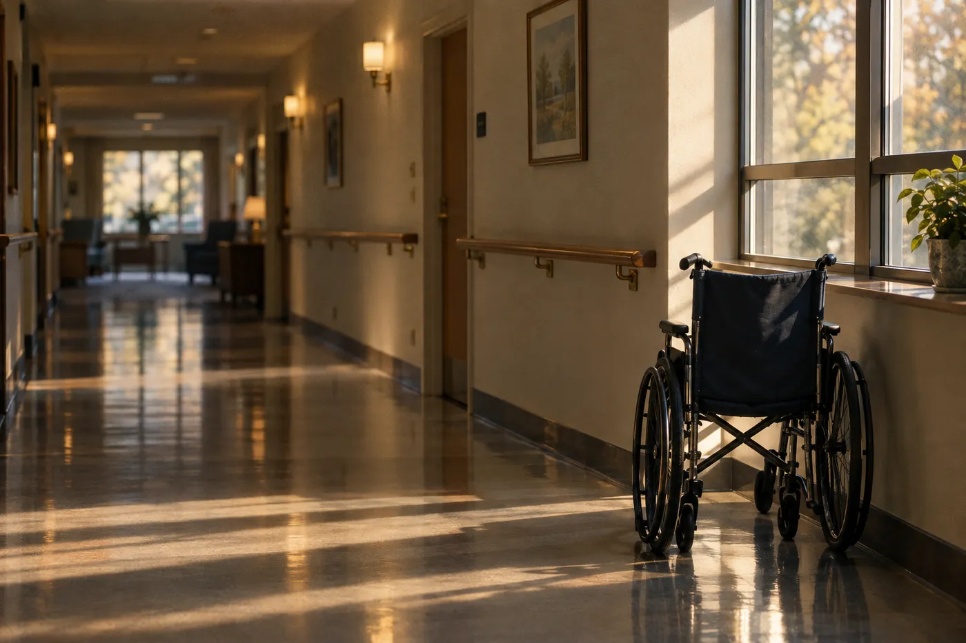 An empty long-term care hallway with a handrail and a wheelchair beside a window